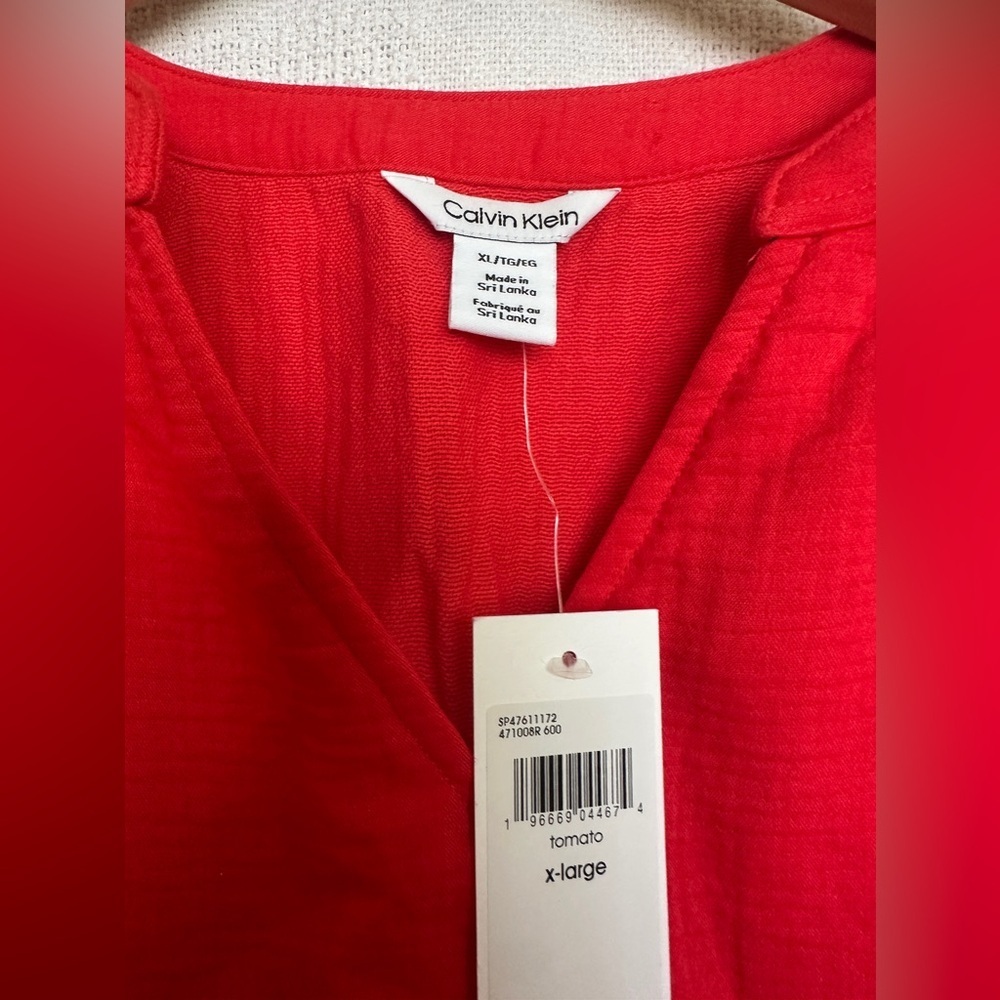 NWT Calvin Klein Red V- Neck Women's Cotton Blouse - Picture 5 of 5